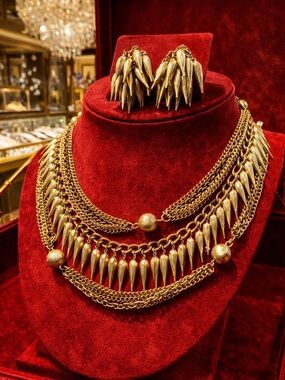 Vintage French Gold tone Unique one of a kind Necklace Clip Earrings set